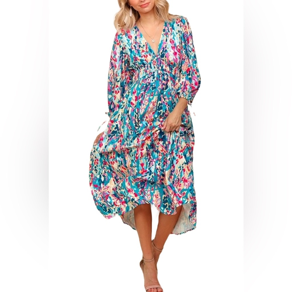 NWT Colorful Teal Floral Maxi Dress